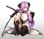  1girl breast_press breasts covered_nipples demon_horns draph elbow_gloves fighting_stance gloves granblue_fantasy hair_over_one_eye highres holding holding_sword holding_weapon horns houtengeki huge_breasts lavender_hair narmaya_(granblue_fantasy) pointy_ears purple_eyes sheath squatting sword thigh_strap thighs weapon 