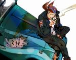  1boy bandana billy_kane blonde_hair blood car fatal_fury ground_vehicle jacket lighter mojyavoltage6 motor_vehicle sitting smoking solo union_jack wolf 