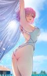  1girl armpits arms_up ass bangs blue_sky blurry blurry_background breasts cloud cloudy_sky day eyebrows_visible_through_hair fate/grand_order fate_(series) from_behind hair_over_one_eye happymonk highleg highleg_swimsuit highres holding looking_at_viewer looking_back mash_kyrielight medium_breasts one-piece_swimsuit open_mouth outdoors pink_hair purple_eyes shiny shiny_hair short_hair simple_background sky solo sparkle swimsuit thighs 