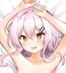  1girl :d armpits arms_up bangs bed_sheet collarbone eyebrows_visible_through_hair fang hair_between_eyes hair_ornament long_hair looking_at_viewer lying manga_time_kirara nenobi_(nenorium) nude on_back open_mouth pink_hair smile solo yellow_eyes 