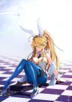  1girl absurdres ahoge animal_ears artoria_pendragon_(all) artoria_pendragon_(swimsuit_rider_alter) ass bare_shoulders between_breasts blonde_hair blue_legwear breasts bunny_ears bunnysuit checkered checkered_floor cleavage crown fake_animal_ears fate/grand_order fate_(series) fishnet_legwear fishnets green_eyes hair_between_eyes high_heels highres holster long_hair necktie necktie_between_breasts ofudou pantyhose ponytail shadow sitting smile solo thigh_holster very_long_hair white_footwear wrist_cuffs 