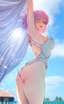  1girl armpits arms_up ass bangs blue_sky blurry blurry_background breasts cloud cloudy_sky commentary_request day eyebrows_visible_through_hair fate/grand_order fate_(series) from_behind hair_over_one_eye happymonk highleg highleg_swimsuit highres holding looking_at_viewer looking_back mash_kyrielight medium_breasts one-piece_swimsuit open_mouth outdoors pink_hair purple_eyes shiny shiny_hair short_hair simple_background sky solo sparkle swimsuit thighs 