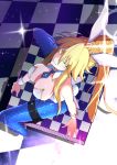  1girl absurdres animal_ears artoria_pendragon_(all) artoria_pendragon_(swimsuit_rider_alter) ass blonde_hair blue_legwear blush braid breasts bunny_ears bunny_tail bunnysuit cleavage detached_collar eyelashes fake_animal_ears fake_tail fate/grand_order fate_(series) fishnet_legwear fishnets green_eyes hair_between_eyes highres holster long_hair looking_at_viewer looking_up necktie ofudou pantyhose ponytail sitting smile solo spread_legs tail thigh_holster very_long_hair wrist_cuffs 