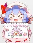  &gt;_&lt; 1girl 60mai :d bangs blue_hair blush closed_eyes commentary drawing eyebrows_visible_through_hair facing_viewer fang grey_background hat hat_ribbon holding izayoi_sakuya mob_cap open_mouth red_ribbon remilia_scarlet ribbon short_hair simple_background smile solo touhou translated v-shaped_eyebrows white_headwear 