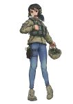  1girl absurdres black_hair commentary denim english_commentary full_body glock gun handgun headset headwear_removed helmet helmet_removed highres holster holstered_weapon jeans load_bearing_vest military original pants pistol ponytail solo weapon whdgus2078 white_background 