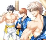  3boys abs black_hair blue_kimono brown_eyes brown_hair commentary_request cowboy_shot crossed_arms grin happi headband highres inohara_masato japanese_clothes kimono little_busters! male_focus mallet miyazawa_kengo multiple_boys muscle natsume_kyousuke red_eyes sash shorts silver_hair simple_background smile spiked_hair white_background white_headband white_shorts zen 