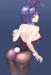  1girl :d animal_ears ass back black_legwear blue_background blush breasts bunny_ears bunny_tail bunnysuit fake_animal_ears fishnet_legwear fishnets looking_at_viewer nijisanji open_mouth pantyhose purple_hair shizuka_rin short_hair simple_background skysign_ft smile solo tail wrist_cuffs yellow_eyes 