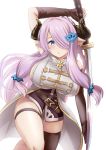  1girl absurdres bare_shoulders black_gloves blue_eyes blush braid breasts cleavage gloves granblue_fantasy hair_ornament hair_over_one_eye highres horns huge_filesize kibihimi large_breasts lavender_hair long_hair looking_at_viewer md5_mismatch narmaya_(granblue_fantasy) pointy_ears purple_hair resized smile solo swimsuit thighhighs thighs upscaled very_long_hair 