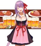  1girl alcohol alternate_costume apron asymmetrical_hair bangs barmaid bb_(fate)_(all) bb_(fate/extra_ccc) beer beer_mug black_dress blush bodice bowl breasts cleavage collarbone cross-laced_clothes dirndl dress fate/extra fate/extra_ccc fate_(series) floral_print food fruit german_clothes hair_ribbon highres large_breasts lemon lemon_slice long_hair looking_at_viewer meat one_eye_closed open_mouth pink_apron plate puffy_short_sleeves puffy_sleeves purple_eyes purple_hair red_ribbon ribbon sausage short_sleeves smile solo soup tsuchifumazu very_long_hair 