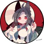  1girl animal_ears antenna_hair avatar_icon black_hair blush breasts bright_pupils brooch closed_mouth commentary_request commission dress eyebrows_visible_through_hair eyes_visible_through_hair fingernails full_moon grey_neckerchief hand_on_breast hands_up imaizumi_kagerou jewelry large_breasts long_fingernails long_hair long_sleeves looking_at_viewer massakasama moon multicolored_hair neckerchief raised_eyebrow red_background red_eyes red_hair red_nails round_image sharp_fingernails signature skeb_commission smile solo streaked_hair touhou translation_request upper_body white_dress white_pupils wide_sleeves wolf_ears 