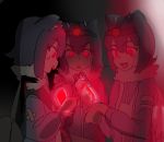  3girls 61206jeff :d arai-san_mansion backpack bag bandaid bandaid_on_clothes bioshock black_hair bottle clone commentary_request crossover dark fur_collar giant_otter_(kemono_friends)_(kuro_(kurojill)) glowing glowing_eyes hair_between_eyes headlamp highres holding holding_bottle holding_syringe indoors kemono_friends long_sleeves looking_down multiple_girls open_mouth red_eyes sharp_teeth short_hair smile syringe teeth triangle_mouth upper_body v-shaped_eyebrows 