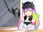  1girl blush breasts chair cleavage collarbone green_eyes hair_ornament hairclip hat headphones highres hololive long_hair looking_at_viewer mirai_(mirai76_) open_mouth purple_hair solo table tokoyami_towa twintails virtual_youtuber window 