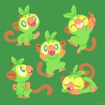  :d ^_^ closed_eyes creature fang fangs full_body gen_8_pokemon green_background green_eyes grin grookey holding looking_at_viewer looking_back lying monkey no_humans on_stomach open_mouth pokemon pokemon_(creature) simple_background smile standing standing_on_one_leg tumblr_username versiris 
