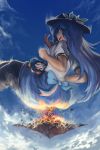  2girls apron bangs black_headwear blue_bow blue_hair blue_ribbon blue_skirt bow bowtie cloud evil_smile floating_island food from_below fruit hair_bow hat hinanawi_tenshi hip_attack horn_bow horn_ribbon horns ibuki_suika leaf lifting_person long_hair meteor multiple_girls neckerchief oni open_mouth orange_hair pantyhose peach puffy_short_sleeves puffy_sleeves rainbow_gradient rainbow_order red_bow red_neckwear ribbon shirt short_sleeves skirt sky smile stone touhou white_legwear white_shirt wrist_cuffs yilx 