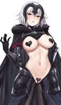  1girl ahoge areola_slip areolae armor bangs black_cape blush breasts cape chain eyebrows_visible_through_hair fate/grand_order fate_(series) fur_trim gauntlets hand_on_hip headpiece heart_pasties highres jaku_denpa jeanne_d&#039;arc_(alter)_(fate) jeanne_d&#039;arc_(fate)_(all) large_breasts maebari navel open_mouth pasties reverse_bunnysuit short_hair silver_hair simple_background solo white_background yellow_eyes 