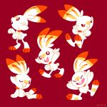  :d ^_^ brown_eyes bunny bunny_focus closed_eyes closed_mouth creature facing_viewer full_body gen_8_pokemon happy jumping looking_at_viewer no_humans one_eye_closed open_mouth pokemon pokemon_(creature) red_background scorbunny simple_background sitting smile standing tumblr_username versiris walking 