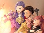  1girl 2boys arm_up beard bow_(weapon) brown_hair claude_von_riegan dark_skin dark_skinned_male earrings facial_hair fire_emblem fire_emblem:_three_houses from_side green_eyes grin hilda_valentine_goneril imaing jewelry long_hair lorenz_hellman_gloucester multiple_boys open_mouth pink_eyes pink_hair ponytail purple_eyes purple_hair short_hair simple_background smile twitter_username upper_body weapon 