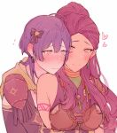  2girls bernadetta_von_varley blush closed_mouth dark_skin earrings facial_mark fire_emblem fire_emblem:_three_houses grey_eyes hair_ornament heart hug hug_from_behind jewelry kvlen long_hair long_sleeves multiple_girls petra_macneary ponytail purple_hair simple_background smile upper_body white_background yuri 