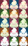  alcremie blue_eyes creature expressionless face flower food fruit gen_8_pokemon green_eyes heart highres looking_at_viewer multicolored multicolored_background no_humans orange_eyes pink_eyes pokemon pokemon_(creature) shawn_flowers strawberry 