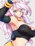  1girl android_21 armpits blue_eyes bracelet breasts choker cleavage closed_mouth detached_sleeves dragon_ball dragon_ball_fighterz grey_background hair_between_eyes jewelry kemachiku large_breasts long_hair looking_at_viewer majin_android_21 midriff navel pink_hair simple_background solo yellow_choker 