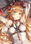  1girl :o armpits arms_up bare_shoulders black_gloves choker clarisse_(granblue_fantasy) eyebrows_visible_through_hair eyes_visible_through_hair flower frilled_gloves frills gloves granblue_fantasy green_eyes hair_flower hair_ornament hair_ribbon highres ks long_hair lying on_back orange_hair ribbon solo 