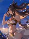  1girl artist_name bandeau bangs bare_shoulders bbsucg bikini_bottom black_bikini_bottom black_hair blue_sky breasts cleavage cowboy_shot day detached_collar detached_sleeves earrings eyebrows_visible_through_hair fate/grand_order fate_(series) floating_hair hand_up highres hoop_earrings ishtar_(fate)_(all) ishtar_(fate/grand_order) jewelry lens_flare long_hair medium_breasts midriff navel outdoors parted_lips red_eyes sky solo stomach strapless tiara tubetop two_side_up 