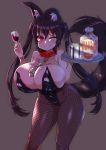 1girl alcohol animal_ear_fluff bare_shoulders between_breasts black_hair blush bottle breasts bunnysuit cleavage collar covered_navel cup drinking_glass fang fishnet_legwear fishnets grey_background grin highres ice ice_bucket kishin_tatu large_breasts long_hair looking_at_viewer money one_eye_closed original pantyhose poker_chip red_eyes simple_background smile solo tail tray twintails whiskey wine wine_glass 