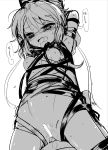  1girl aliasing armpits arms_behind_head arms_up bangs bar_censor bdsm blush bondage bound bound_arms bound_legs censored commentary_request drooling eyebrows_visible_through_hair greyscale hair_ribbon half-closed_eyes hat heavy_breathing highres looking_down monochrome mononobe_no_futo navel nose_blush nude open_mouth ponytail pussy_juice ribbon rope saliva shiny shiny_skin simple_background sketch solo speech_bubble spread_legs stomach suna_(s73d) suspension tears tied_hair touhou translated white_background 