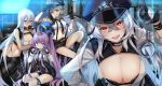  4girls :d :q ahoge arm_up azur_lane bangs bare_shoulders belt black_bra black_gloves black_headwear black_pants black_shorts blue_eyes boots bra breasts choker cleavage closed_mouth collared_shirt crop_top crossed_bangs cuffs fingerless_gloves gangut_(azur_lane) gangut_(imposing_warden)_(azur_lane) gloves hair_between_eyes hair_ornament hand_on_headwear hand_up handcuffs hat heart heart-shaped_pupils high-waist_shorts highres holding kurot large_breasts long_hair long_sleeves looking_at_viewer medium_breasts midriff minsk_(azur_lane) minsk_(thunderous_jailor)_(azur_lane) mole mole_under_eye multicolored_hair multiple_girls navel necktie open_mouth pants peaked_cap ponytail purple_eyes purple_hair red_eyes shirt short_shorts shorts sidelocks silver_hair sleeveless sleeveless_shirt smile sovetskaya_rossiya_(azur_lane) sovetskaya_rossiya_(the_lackadaisical_lookout)_(azur_lane) stomach streaked_hair suspenders symbol-shaped_pupils taser tashkent_(azur_lane) tashkent_(the_bound_cruiser)_(azur_lane) thighhighs thighs tongue tongue_out underwear v-shaped_eyebrows very_long_hair white_legwear white_shirt wing_collar 