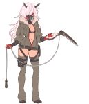  1girl absurdres bangs belt black_bra black_footwear black_panties boots bra breasts contrapposto covered_mouth full_body gas_mask gloves grey_jacket grey_legwear hair_between_eyes hair_over_one_eye highres holding holding_weapon horns jacket leg_strap long_hair long_sleeves looking_at_viewer medium_breasts nagisa_kurousagi navel one_eye_covered open_clothes open_jacket original panties pink_hair pouch red_eyes red_gloves simple_background solo standing thighhighs underwear weapon white_background zipper 