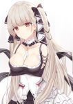  1girl azur_lane bangs bare_shoulders between_breasts black_dress blush breasts cleavage dress earrings eyebrows_visible_through_hair formidable_(azur_lane) frilled_dress frills grey_hair hair_ribbon highres jewelry large_breasts long_hair long_sleeves looking_at_viewer red_eyes ribbon sad simple_background solo twintails two-tone_dress two-tone_ribbon underboob very_long_hair white_background yudc11 