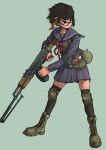  1girl absurdres black_hair boots commentary_request elbow_pads full_body glasses gun highres holding holding_gun holding_weapon knee_pads korean_commentary light_machine_gun messy_hair original rpk school_uniform serafuku short_hair simple_background solo thighhighs weapon whdgus2078 