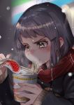  1girl black_hair blush chopsticks commentary cup_noodle cup_ramen ear_blush eating hair_ornament hairclip highres instant_ramen jacket jjjehuty original purple_hair scarf short_hair snowflakes solo steam tearing_up tears yellow_eyes 