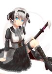  1girl absurdres aqua_eyes boots gothic_lolita highres konpaku_youmu lolita_fashion myon_(phrase) ricoveryman short_hair silver_hair sword thigh_boots thighhighs touhou weapon 