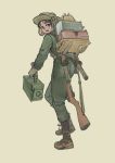  1girl absurdres ammo_box carrying commentary english_commentary full_body gun hat highres military military_uniform original rifle simple_background soldier solo uniform weapon whdgus2078 