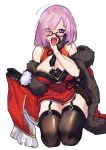  1girl black_gloves black_legwear blush breasts brown_hair cleavage fangs fate/grand_order fate_(series) fur_trim garter_straps glasses gloves hair_over_one_eye half_gloves heart heart-shaped_pupils highres mash_kyrielight medium_hair open_mouth purple_eyes purple_hair ryuuno6 sailor_collar simple_background solo symbol-shaped_pupils teeth thighhighs tongue tongue_out white_background 