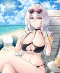  1girl absurdres azur_lane bangs beach bikini black_bikini blue_sky blush breasts cleavage cloud collarbone eyebrows_visible_through_hair eyewear_on_head hair_between_eyes heart heart-shaped_eyewear highres large_breasts looking_at_viewer navel o-ring o-ring_top red_eyes scrunchie short_hair sirius_(azur_lane) sirius_(midsummer_seirios)_(azur_lane) sitting sky sunglasses swimsuit thigh_strap thighs tini white_scrunchie wrist_scrunchie 