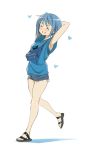  1girl armpits arms_behind_head arms_up blue_hair blue_shirt blue_shorts breasts eyebrows_visible_through_hair full_body gloamy grin hair_ornament hairclip heart highres mahou_shoujo_madoka_magica miki_sayaka parted_lips sandals shadow shiny shiny_hair shirt short_hair short_shorts shorts simple_background small_breasts smile solo teeth walking white_background 