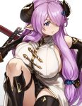  1girl breasts covered_nipples demon_horns draph elbow_gloves fighting_stance gloves granblue_fantasy hair_over_one_eye highres holding holding_sword holding_weapon horns houtengeki huge_breasts lavender_hair narmaya_(granblue_fantasy) pointy_ears purple_eyes sheath squatting sword thigh_strap weapon 