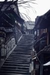  air_conditioner architecture bare_tree building day east_asian_architecture highres nagishiro_mito no_humans original outdoors scenery sign signature sky snowing stairs stone_stairs tree white_sky 