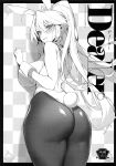  1girl absurdres animal_ears artist_name artoria_pendragon_(all) artoria_pendragon_(swimsuit_ruler)_(fate) ass bangs bare_shoulders breasts bunny_ears bunny_tail bunnysuit closed_mouth cover cover_page doujin_cover fate/grand_order fate_(series) fishnets greyscale highleg highleg_leotard highres jewelry large_breasts leotard lips long_hair looking_at_viewer looking_back monochrome pantyhose ponytail scan simple_background smile solo strapless strapless_leotard tail tiara tied_hair wrist_cuffs yang-do 