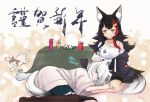  2girls animal animal_ear_fluff animal_ears aqua_eyes bags_under_eyes black_hair black_legwear cat commentary_request dress fox_ears fox_tail frilled_skirt frills hand_on_another&#039;s_head highres hololive hood hoodie kotatsu lap_pillow ling_qi_mo_shi long_hair lying mouse multicolored_hair multiple_girls off_shoulder on_side ookami_mio orange_eyes pantyhose red_hair seiza shirakami_fubuki shirt sitting skirt smile streaked_hair table tail translation_request virtual_youtuber white_hair wolf_ears wolf_tail 