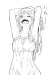  1girl armpits arms_behind_head blush greyscale hands_above_head hands_up highres long_hair looking_at_viewer monochrome nightgown nikaidou_kou one_eye_closed open_mouth original simple_background sleepy solo tears upper_body white_background 