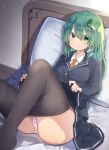  1girl black_legwear blazer blue_skirt closed_mouth frog_hair_ornament green_eyes green_hair hair_between_eyes hair_ornament highres indoors jacket knees_up kochiya_sanae lifted_by_self long_hair long_sleeves looking_at_viewer mamemochi miniskirt necktie on_bed panties pantyhose pantyhose_pull pillow school_uniform sitting skirt skirt_lift smile snake_hair_ornament solo touhou underwear white_panties 