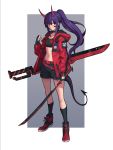  1girl absurdres belt black_eyes black_gloves black_nails breasts earpiece eyeliner fingerless_gloves gloves hair_between_eyes highres holding holding_sword holding_weapon honeybat horns jacket kneehighs long_hair looking_at_viewer makeup midriff navel original ponytail purple_hair red_eyes shorts solo sword tail weapon 