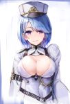  1girl azumi_akitake azur_lane blue_eyes blue_hair breasts chapayev_(azur_lane) cleavage commentary_request hat large_breasts long_sleeves looking_at_viewer mole mole_on_breast peaked_cap short_hair smile solo upper_body 