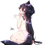  1girl animal_ears ass black_hair blush commentary_request dated ejami ekko_(ejami) fox_ears fox_girl fox_tail from_behind long_hair looking_at_viewer on_ground original panties red_eyes signature simple_background sitting solo tail topless underwear very_long_hair white_background white_panties 
