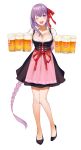  1girl alcohol alternate_costume apron asymmetrical_hair bangs barmaid bb_(fate)_(all) bb_(fate/extra_ccc) beer beer_mug black_dress black_footwear blush bodice braid breasts cleavage collarbone cross-laced_clothes dirndl dress fate/extra fate/extra_ccc fate_(series) floral_print full_body german_clothes hair_ribbon highres large_breasts legs long_hair looking_at_viewer one_eye_closed open_mouth pink_apron puffy_short_sleeves puffy_sleeves purple_eyes purple_hair red_ribbon ribbon short_sleeves simple_background single_braid smile solo tsuchifumazu very_long_hair white_background 