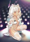  1girl bangs blush dark_skin flat_chest karasu-san_(syh3iua83) kneeling long_hair looking_at_viewer navel original panties purple_eyes see-through solo thighhighs underwear white_hair white_legwear white_panties 