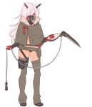  1girl absurdres bangs belt black_footwear black_panties boots brown_capelet contrapposto covered_mouth full_body gas_mask gloves grey_legwear hair_between_eyes hair_over_one_eye highres holding holding_weapon horns leg_strap long_hair looking_at_viewer nagisa_kurousagi one_eye_covered original panties pink_hair pouch red_eyes red_gloves simple_background solo standing tassel thighhighs underwear weapon white_background 
